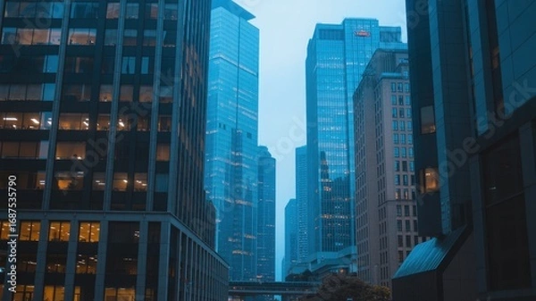 Fototapeta Downtown city buildings with many windows during a cloudy day in chicago
