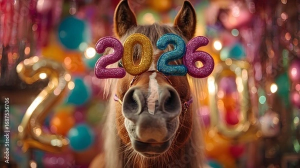 Fototapeta Festive horse in glasses with the date of the New Year, against the background of bright balloons