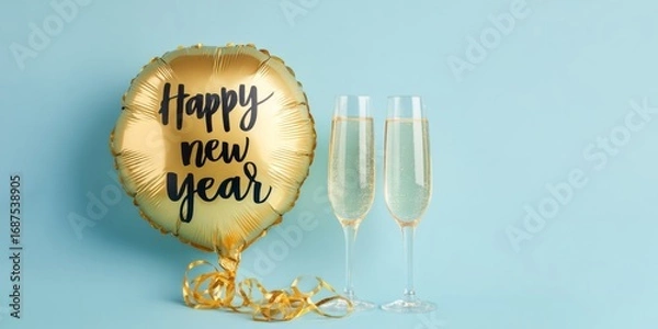 Fototapeta happy new year 2026, new year's eve party holiday event celebration greeting card with text - Golden balloon with two champagne glasses, isolated on blue background