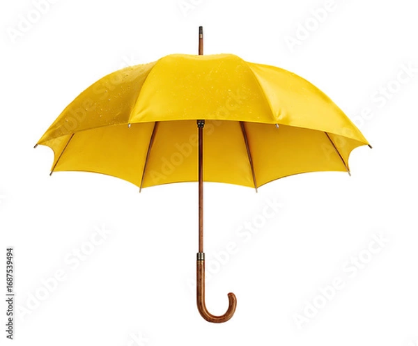 Fototapeta Bright yellow umbrella with curved wooden handle isolated on a plain background for protection and style