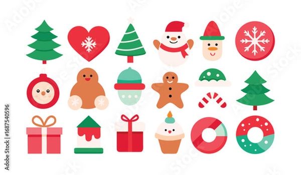 Fototapeta Cheerful Holiday Vector Icons in Festive Colors Christmas Decoration Elements Featuring Christmas Trees Snowmen Gingerbread Man Gifts and Festive Treats