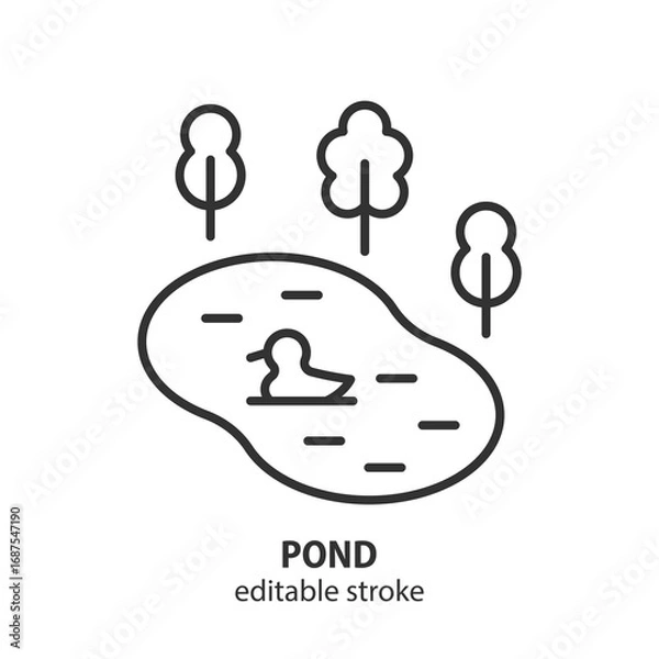 Fototapeta Pond with duck line icon. City park with lake, bird, trees vector illustration. Editable stroke.