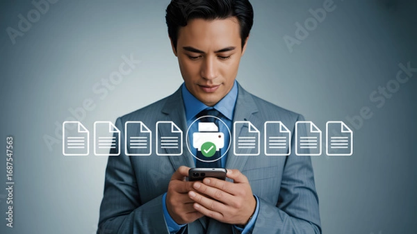 Fototapeta Confident businessman using smartphone to manage print jobs and documents efficiently in modern office setting