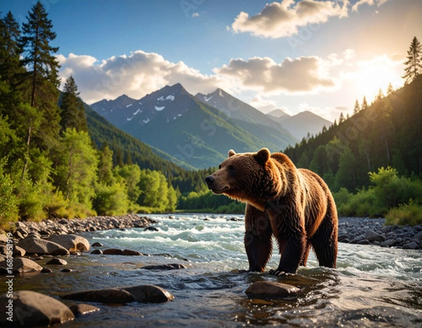 Fototapeta Grizzly bear standing in river against scenic mountain backdrop