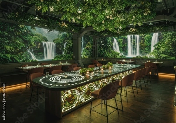 Fototapeta Enchanting jungle-themed bar with flowing waterfalls and lush greenery creating a unique ambiance