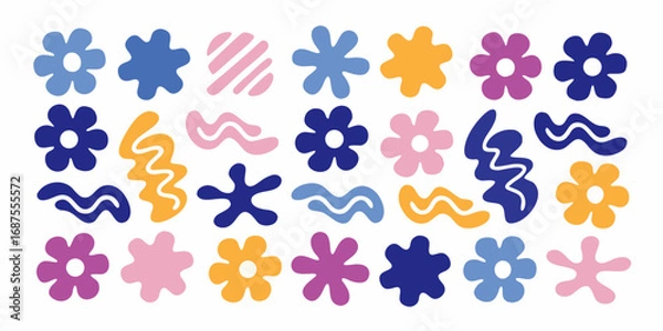Fototapeta Abstract floral shapes and wavy lines in a playful retro pattern with blue pink and yellow colors