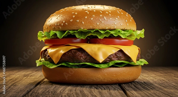 Fototapeta Juicy Cheeseburger with Sesame Seed Bun on Rustic Wooden Surface in Warm Light