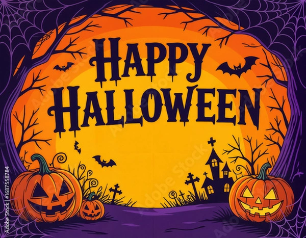 Fototapeta Halloween background with pumpkins and bats. 