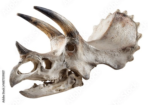 Fototapeta Detailed triceratops dinosaur skull fossil isolated on a clean display