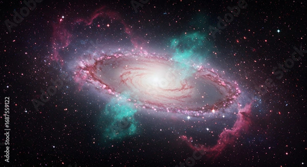 Obraz Spiral Galaxy with Vibrant Pink and Blue Nebulae in a Starlit Cosmic Background