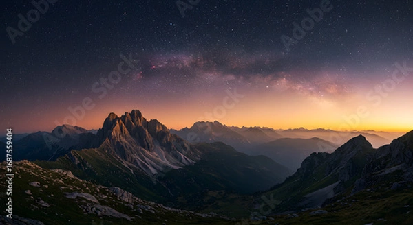 Fototapeta Starlit Sky Over Majestic Mountain Range During Twilight in Dolomites Regional Park