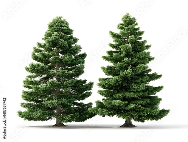 Fototapeta Two realistic green pine trees isolated on a ready for your design projects