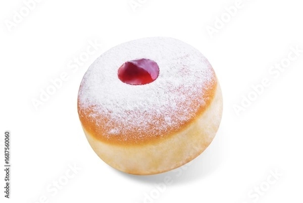 Fototapeta Donut with powdered sugar and jam topping for Hanukkah on a white isolated background