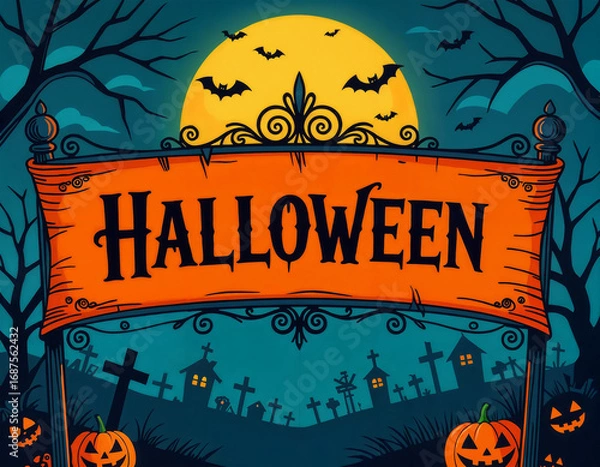 Fototapeta Halloween background with pumpkins, cemetery, moon and bats. Vector illustration