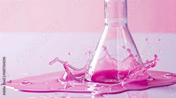 Fototapeta Pink liquid splashes around a glass flask creating dynamic shapes and textures in a lab setting