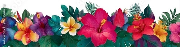 Fototapeta Vibrant tropical flower border collection with lush greenery botanical design elements