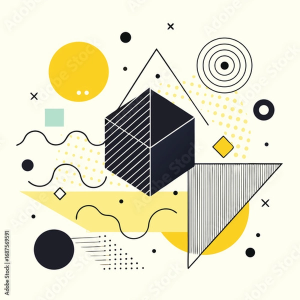 Obraz Geometric Abstract Composition with Cube and Circles