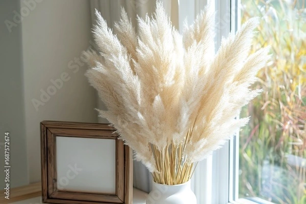 Fototapeta Unique twisted pampas grass stems in a square white jar placed beside an empty wooden picture frame 
