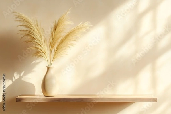 Fototapeta Yellow-beige pampas grass in a tall, narrow ceramic vase on a floating wooden shelf with clean shadows 