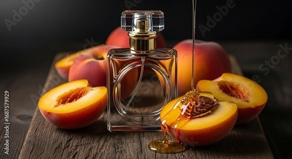 Fototapeta Perfume bottle surrounded by peaches, with honey being poured over a cut peach. The composition suggests a fragrance with a peach or honey scent