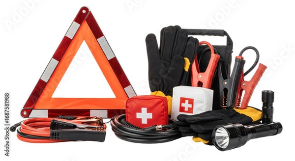 Fototapeta Comprehensive Car Emergency Kit with Warning Triangle Jumper Cables First Aid and Flashlight.