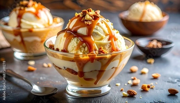 Obraz Ice cream sundae with caramel and nuts