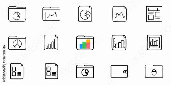 Fototapeta Illustration of folders and documents with graphs, charts, and a wallet icon in a simple line style