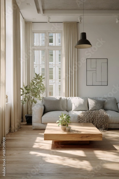 Fototapeta Modern Scandinavian Living Room with Light Wood Coffee Table, Gray Sofa, and Large Windows for Natural Light
