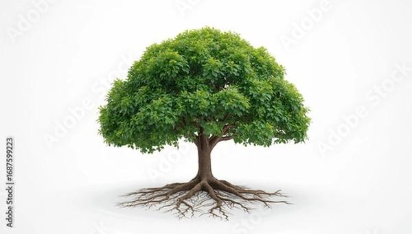 Obraz An Isolated Tree with Lush Green Foliage and Extensive Root System Against a White Background.