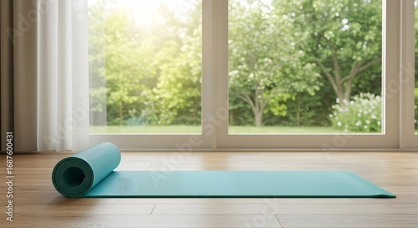 Fototapeta A turquoise yoga mat unrolled on a wooden floor near a window with garden view outside in daylight