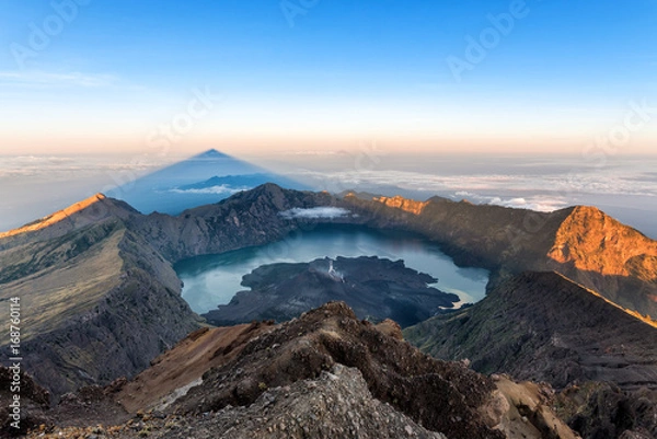 Obraz Scenery of Mount Rinjani, active volcano and crater lake from the summit at sunrise, Lombok - Indonesia.