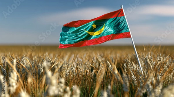 Fototapeta Mauritania flag waving proudly in the wind on Independence Day in a golden wheat field