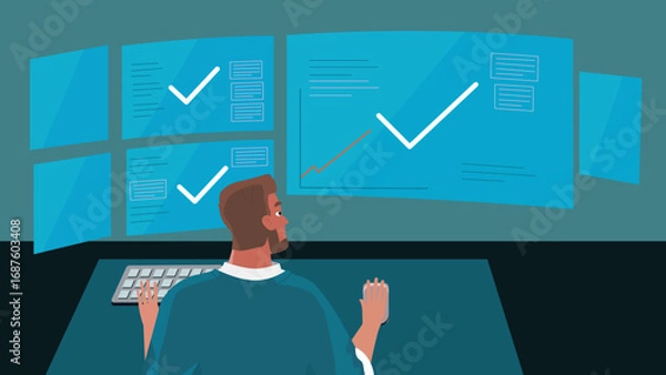 Fototapeta Man Analyzing Success Data on Computer Screen