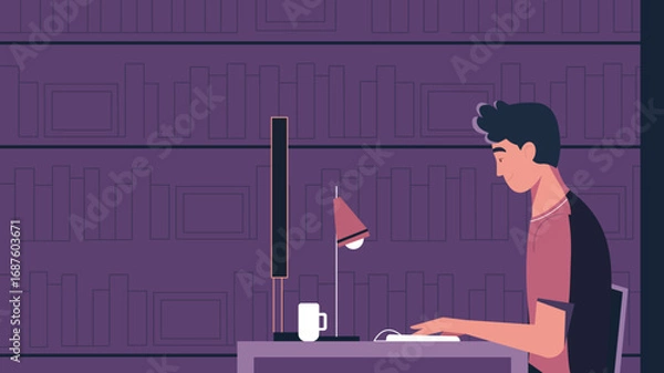 Fototapeta Man Studying at Desk in Library with Books