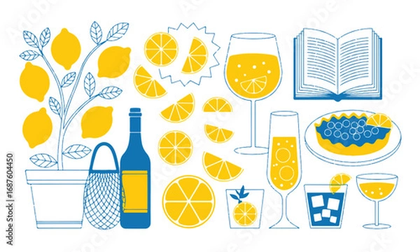 Obraz Summer Citrus Still Life with Lemon Tree, Drinks, Pie, and Book in Blue and Yellow Illustration