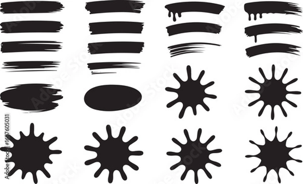 Obraz Assorted Black Paint Splatter and Brush Stroke Collection for Grunge and Artistic Effects