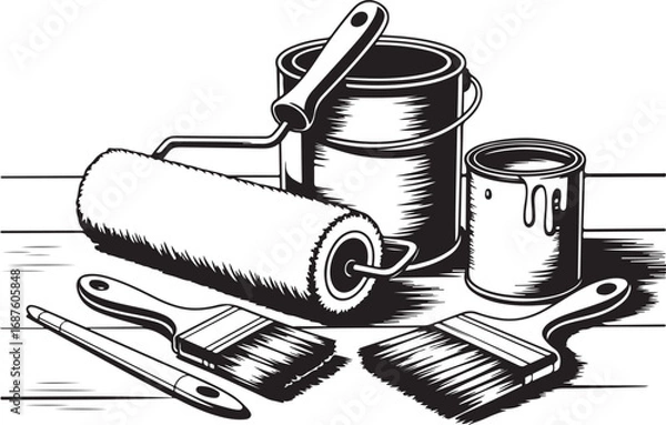 Obraz Painting Tools and Supplies Illustration with Brushes, Rollers, and Paint Cans in Black and White
