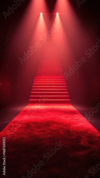 Fototapeta Bright red lights illuminate a staircase leading up from a red carpet in a dark venue