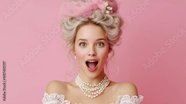 Fototapeta Portrait of Woman with Marie Antoinette Hairstyle in Pink Studio, Wearing Rococo Dress with Laces, Baroque Elegance, Historical Fashion, Surprised, Excited Expression with Open Mouth and Wide Eyes.