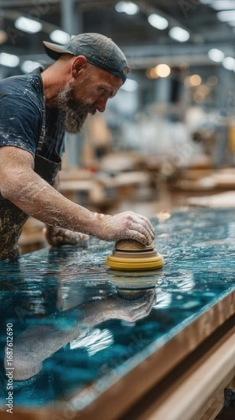 Fototapeta Craftsman works on a glossy resin tabletop in a workshop environment during daylight hours