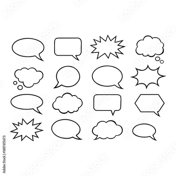 Fototapeta Speech and Thought Bubble Set 16 Black Outline Vector Icons in Varied Comic Styles for Storytelling and Design. Collection of Comic Style Dialogue Shouting Balloons