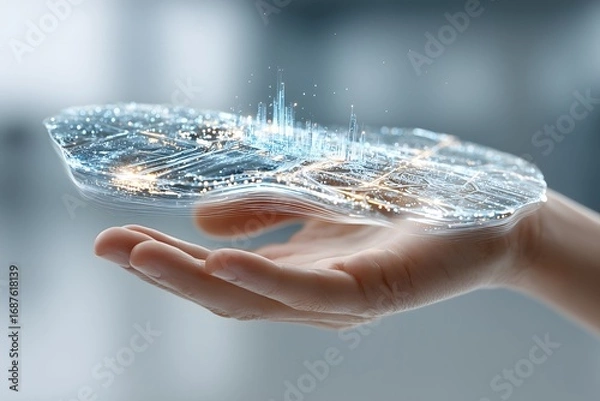 Obraz Futuristic human hand holding a glowing hologram of an innovative smart city plan