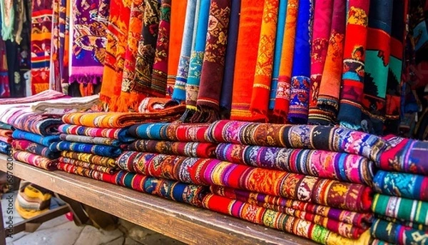 Obraz Vibrant textiles displayed on a market stall