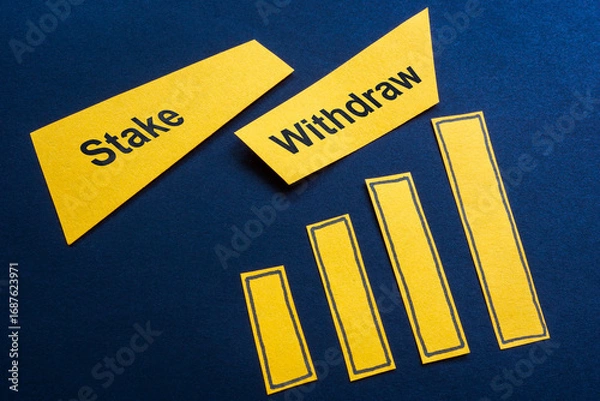 Fototapeta Growing chart with the words stake or withdraw. Investment decision.