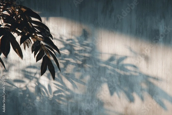 Fototapeta shadow overlay effects of realistic abstract natural tree leaves and window shadow on white wall background, Summer sunlight and shadow overlay effect, shadow for photo interior backdrop studio mockup