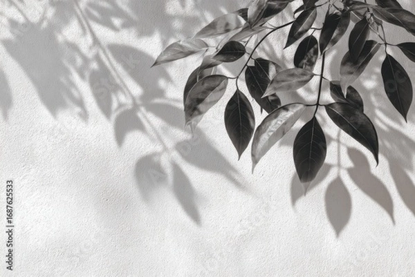 Fototapeta shadow overlay effects of realistic abstract natural tree leaves shadow on white wall background, Summer sunlight and shadow overlay effect, shadow for photo interior backdrop studio mockup