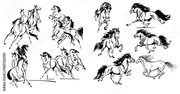 Fototapeta Ink painting set of the horses with simple brush strokes