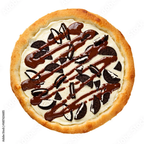 Fototapeta Decadent dessert pizza topped with cookies and chocolate drizzle