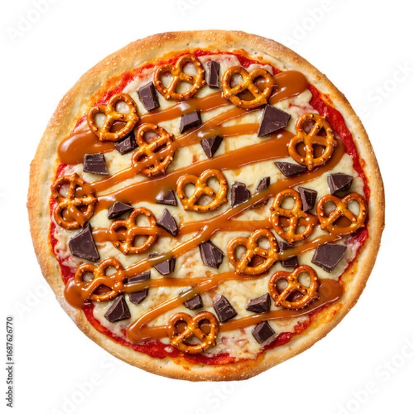Fototapeta Sweet and salty delight with pretzel and caramel pizza creation