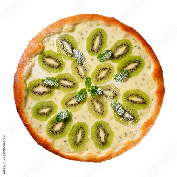 Fototapeta Delightful kiwi tart garnished with mint on a bright background